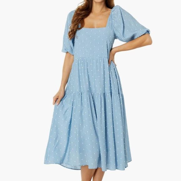 Moon River Dresses & Skirts - NWT Open Back Midi Light Blue Dot Dress.